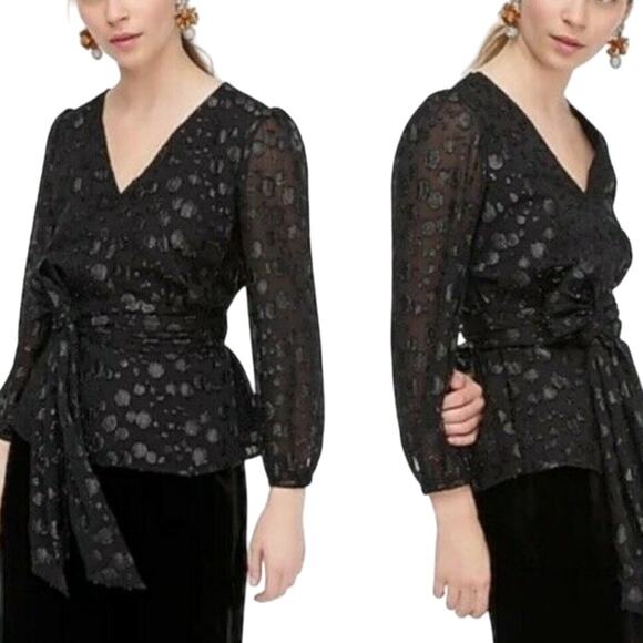 J. Crew Tie-Waist V-Neck Blouse Women's Medium Black Metallic Dot Jacquard - Picture 1 of 7